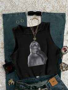 Glimmora 女士休闲猴子印花圆领百搭日常上衣 - 黑色 - 查看 1