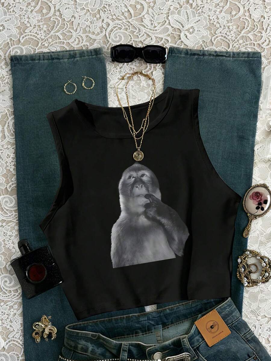 Glimmora 女士休闲猴子印花圆领百搭日常上衣 - 黑色 - 查看 1