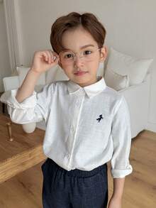 DAZY Young Boy Embroidered Front Button Casual Long Sleeve Shirt - White - View 7