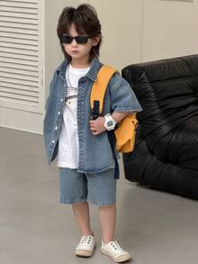 DAZY 2 pezzi/Set Camicia casual in denim a maniche corte con bottoni e pantaloncini in denim per ragazzo giovane - Blu - Visualizzare 8