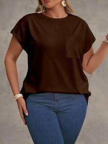 EMERY ROSE Kaos Rajut Longgar Lengan Pendek Model Dolman Batwing Warna Cokelat Kopi Polos Ukuran Besar untuk Wanita, Cocok untuk Musim Panas, Kasual, dan Sederhana. - MultiWarna - View 3