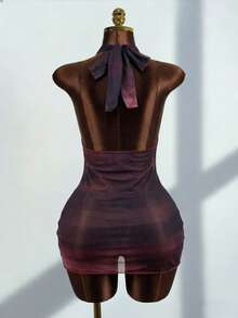 Zestiva New Ombre Draped Neck Halter Dress For Women - Rust Brown - View 2