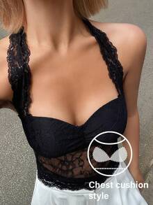 DAZY Áo camisole ren khoét rỗng không tay cổ yếm buộc dây gợi cảm dành cho nữ. - màu đen - Xem 2