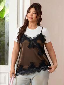 SHEIN EZwear 2026 Nouvelle Camisole Décontractée Printemps/Été, Convient pour Sortie, Quotidien, Fête, Rendez-vous, Anniversaire, Festival de Musique, Trajet, Vêtement d'Intérieur, Satin Mélangé de Dentelle, Doux et Soyeux, Coupe Ample, Noir, Grande Taille - Marron fonçé - Voir 3