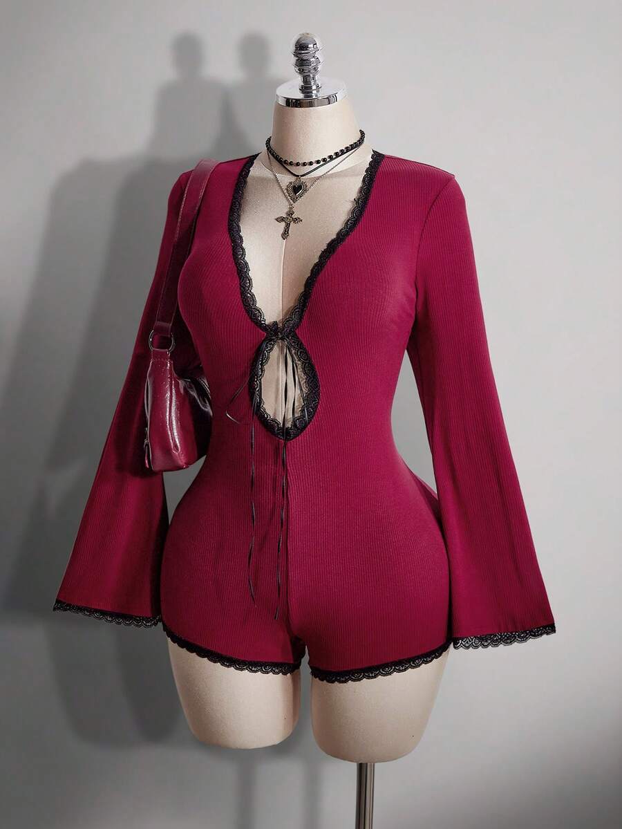 SHEIN ICON 大码女式蕾丝拼接镂空时尚休闲连体衣 - 酒紅色 - 查看 1