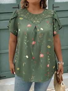SHEIN CURVE+ 大码女式假日蕾丝花卉印花花瓣短袖衬衫，夏季/乡村/海滩度假装/海滩装/沙滩服饰 - 綠色 - 查看 5