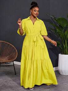 SHEIN CURVE+ 2025 Plus Size Women Solid Color Short Sleeve Spring A-Line Ruched Panel Maxi Dress,Curve Plus ,Hoho Vacation - Yellow - View 3