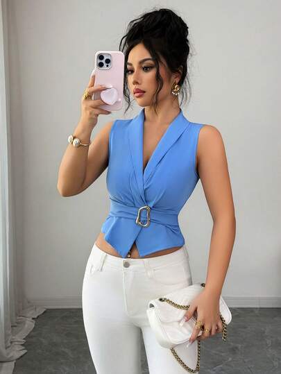 SHEIN PETITE Women's Casual Blazer Collar Overlap Pleated Belt Design Asymmetric Hem Sleeveless Top