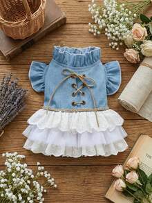 PETSIN 1pc Pet Clothes, Cute Blue Bandage Ruffle Pet Dress, Sweet Princess Style Small Dog/Cat/Dog Universal Puffy Skirt - Blue and White - View 1