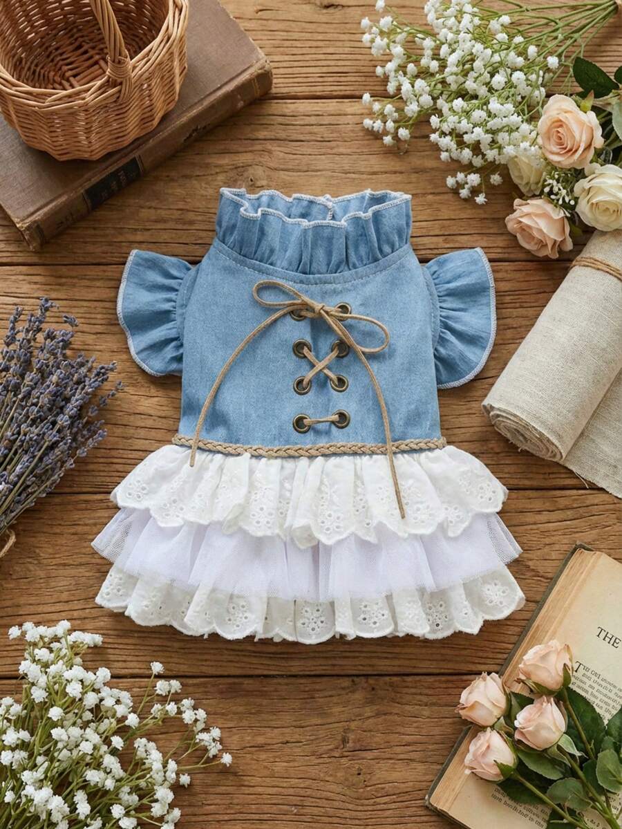 PETSIN 1pc Pet Clothes, Cute Blue Bandage Ruffle Pet Dress, Sweet Princess Style Small Dog/Cat/Dog Universal Puffy Skirt - Blue and White - View 1