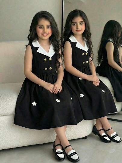 Serisse Kids Tween Girls' Elegant Casual Cute Black & White Contrast Color Bow Collar Sleeveless A-Line Dress