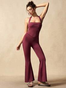VARSIVA Bộ jumpsuit xòe cổ yếm hở lưng màu trơn - Đỏ - Xem 11