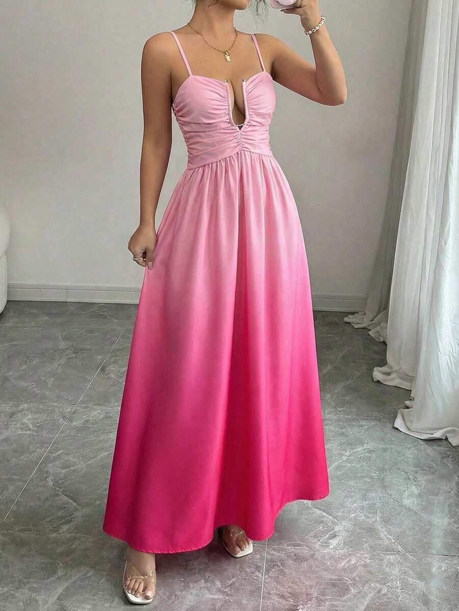 Elenzga 1pc Women's Spring/Summer Gradient Ruched Hollow Halter Waist A-Line Dress, Elegant Vacation Outfit - Pink - View 1