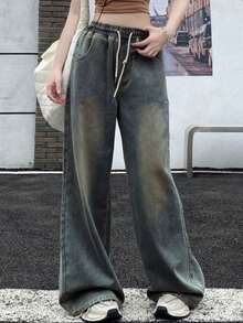 DAZY 女式休闲做旧水洗抽绳腰阔腿牛仔裤 - 深色水洗藍 - 查看 4