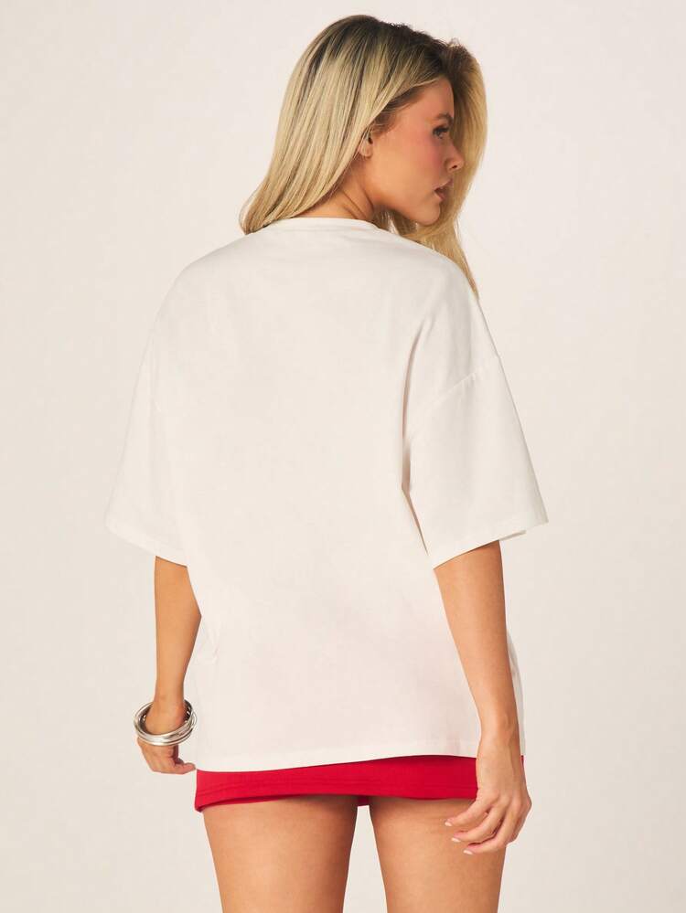 Missguided x Playboy Women's Bunny Logo Slogan Oversized Short Sleeve Crew Neck Cotton Tee Shirt