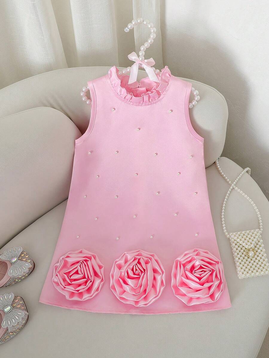 Elladie kids 少女甜美公主风珍珠装饰3D花朵下摆无袖连衣裙，宽松直筒版型，适合日常外出、生日派对、家庭聚会和节日穿着。