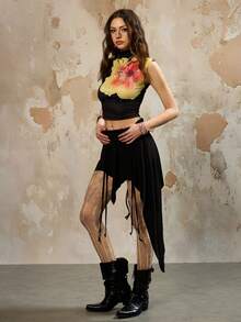 INAWLY Blusa casual para mujer con estampado floral, cuello mandarín y decoración de strass - Negro - Ver 2