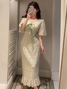 DAZY 浪漫花卉對比飾邊荷葉袖修身長洋裝，夏季女款睡衣睡袍 - 綠色 - 查看 5