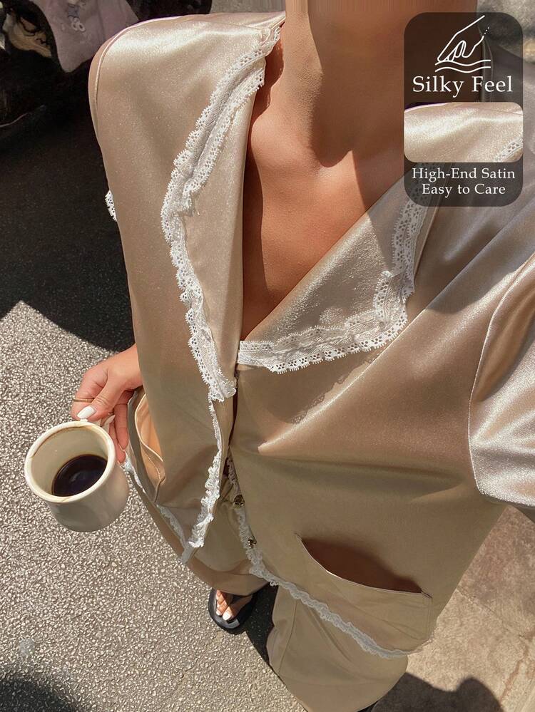 2pcs Satin & Lace Patchwork Loose Cardigan Short Sleeve Top And Wide Leg Long Pants Pajama Set, Suitable For Summer And Spring