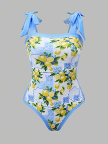 SHEIN Swim Oasis 女士柠檬印花连体泳衣罩衫及半身裙套装，度假沙滩装 - 彩色 - 查看 4