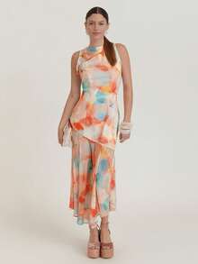 CielaLinda 女士印花蝴蝶结开衩无袖不对称长款连衣裙斜裁连衣裙浪漫度假连衣裙 - 彩色 - 查看 1