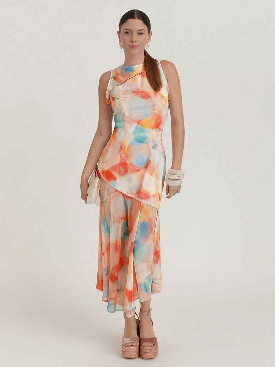 CielaLinda 女士印花蝴蝶结开衩无袖不对称长款连衣裙斜裁连衣裙浪漫度假连衣裙 - 彩色 - 查看 1