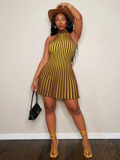 SHEIN SXY Plus Size Brown/Yellow Striped High-Elastic Wool Sleeveless Halter Neck A-Line Slim-Fit Short Knitted Dress,Spring/Summer Casual Vacation Bohemian Elegant Suitable For Everyday Wear, Music Festival, Concert, Carnival Party, Beach Vacation, Date Night, Birthday, Bachelorette Party, Club, Cute, Casual, Shopping, Streetwear, Going Out, Easy To Match & Looks Slim, Accent Your Body, Flatter The Figure