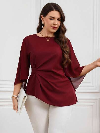 EMERY ROSE Plus Size Women Flare Sleeve Top And Leggings Set,Festival, Elegant Women's Set,Weddings & Events,Party Outfit,Going Out Outfits,Formal Attire For Women,Spring Clothes Women