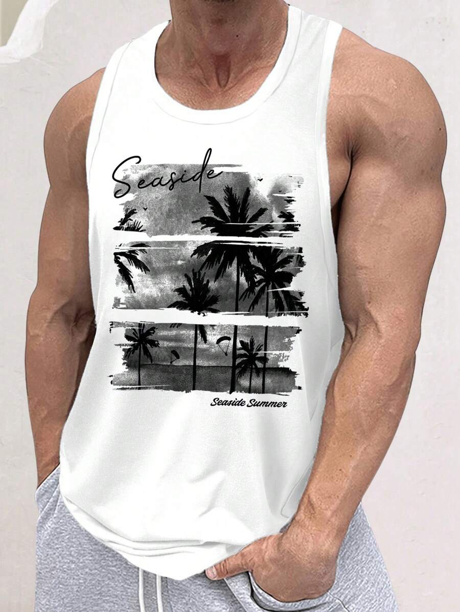 Manfinity RSRT Men's Casual Tropical Print Tank Top, Summer - White - View 1
