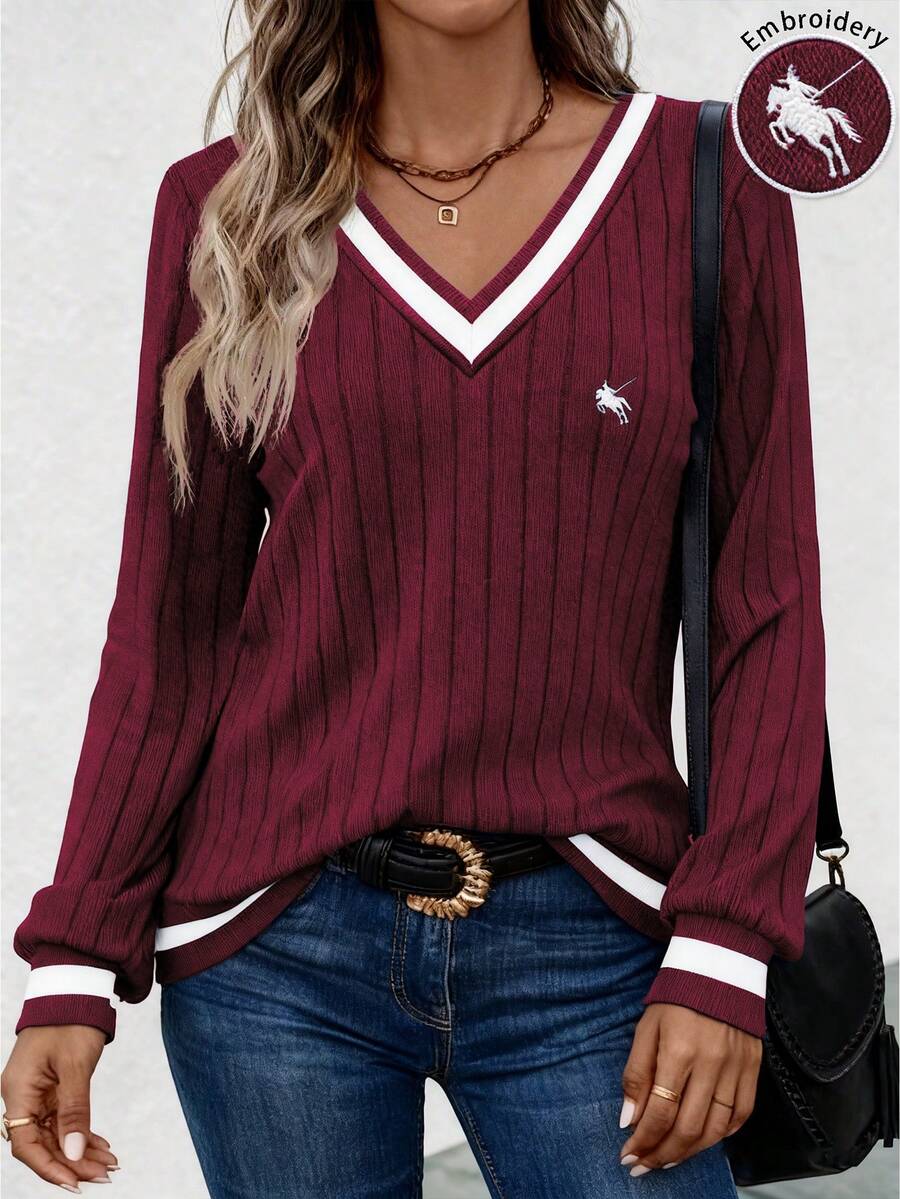 Selamara Camiseta de mujer de moda casual con delicado bordado acanalado - Rojo - Ver 1