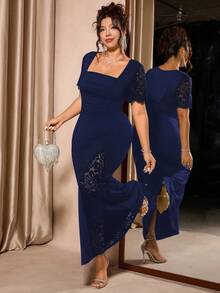Cravure Plus Size Women's Solid Color Square Neck Contrast Lace Short Sleeve Fitted Elegant Dress - Navy Blue - View 1