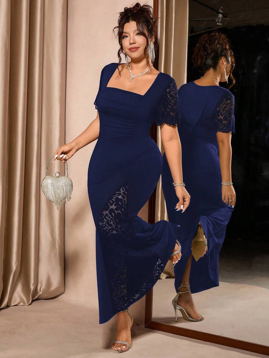 Cravure Plus Size Women's Solid Color Square Neck Contrast Lace Short Sleeve Fitted Elegant Dress - Navy Blue - View 1