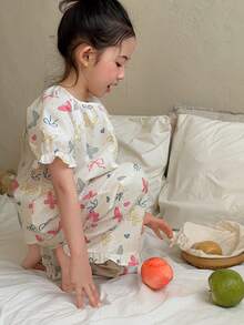 DAZY 女童可爱蝴蝶印花短袖上衣和裤子睡衣套装，夏季 - 白色 - 查看 7