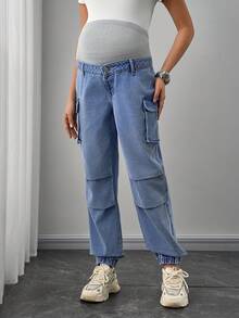 SHEIN Maternity Casual Loose Denim Jeans Without Stretch - Medium Wash - View 3