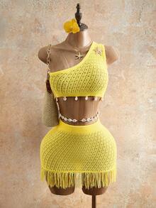 Mistrie Women's 2-Piece Sweater Set: Yellow One-Shoulder Cropped Top & Fringed Bodycon Mini Skirt, Elegant & Sexy Summer Beach Holiday Outfit - Yellow - View 1