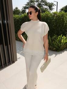 MDEdit Suéter casual de mujer de unicolor, de cuello alto y manga corta, de estilo minimalista - Albaricoque - Ver 3