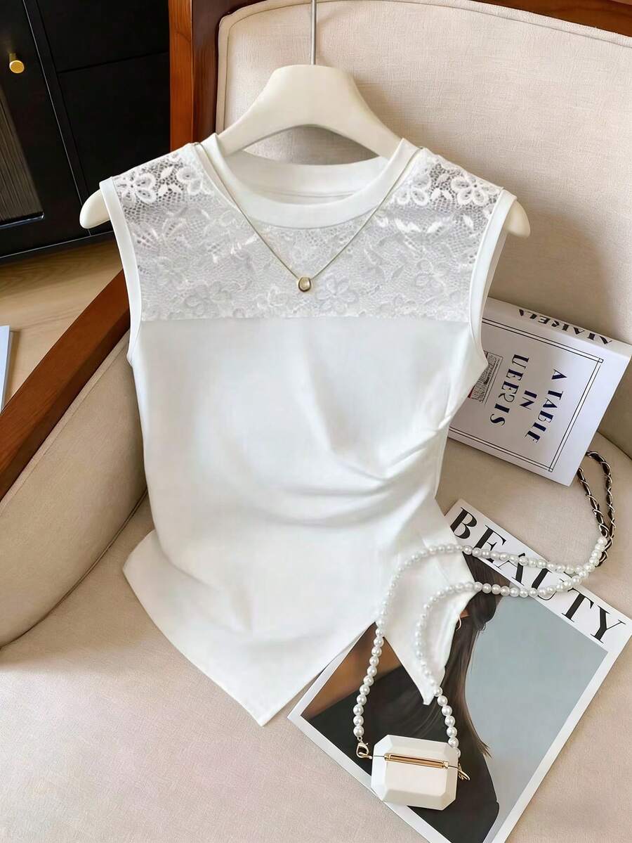 Resyla Women's Spring/Summer New Arrival Lace Trim Patchwork Fitted Asymmetric Hem Camisole - White - View 1