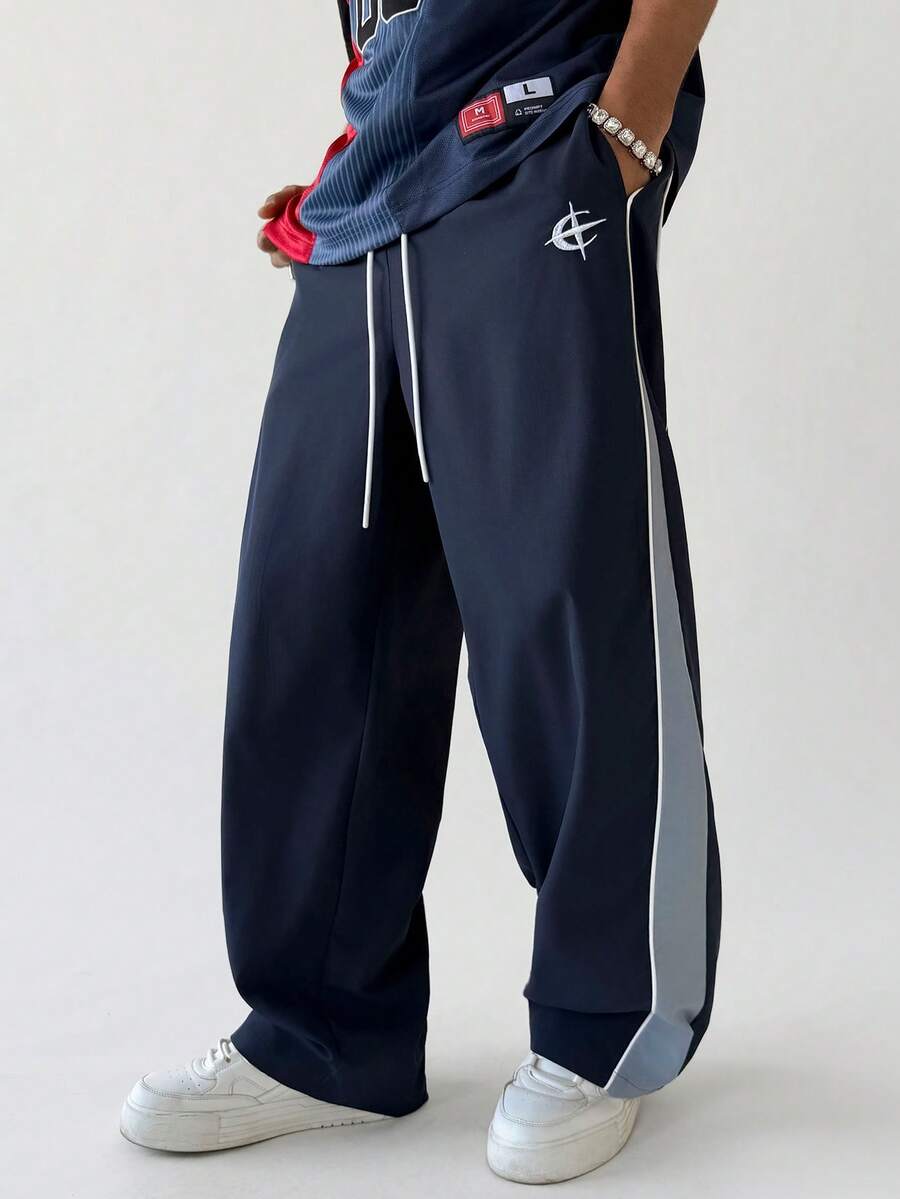 PAVTROS 男士拼接撞色宽松休闲裤 男士两件套运动裤 男士阔腿侧条纹运动裤 男士运动裤 - 藏蓝色 - 查看 1