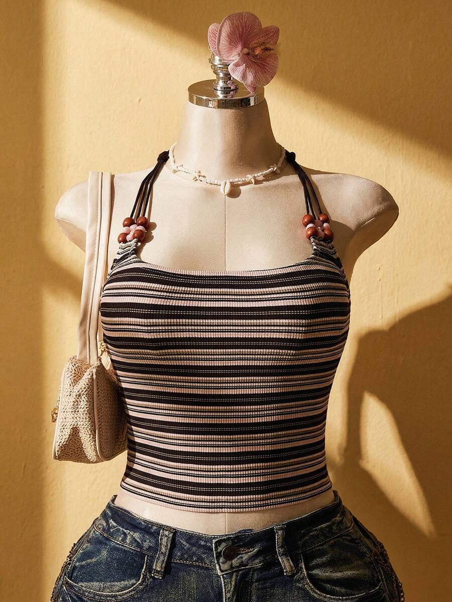 SHEIN ICON 大码 Y2K 休闲条纹串珠装饰针织露背上衣 - 彩色 - 查看 1