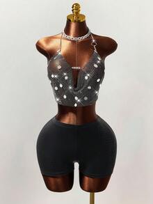 Mistrie 女士亮片网纱音乐节亮片吊带背心、女士音乐节背心、女士串珠背心、女士性感镂空背心 - 黑色 - 查看 1