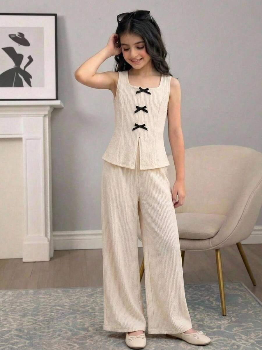 SHEIN Tween Girl 3D Bow Textured Tank Top And Pants Set Sleeveless Top ...