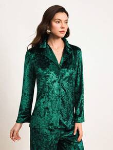 Hourtrue 2pcs/Set Women's Autumn/Winter Velvet Pajama Set, Long Sleeve Top And Pants, Thickened Velvet Sleepwear - Green - View 8