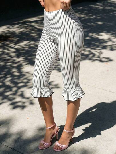 SHEIN ICON Women's Printed Simple Pants For Daily Wear Ruffle Pants Striped Pants Women's Capris
