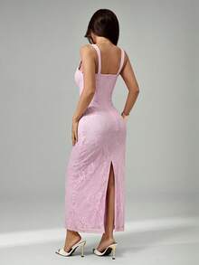 SHEIN PETITE New Summer Women's Sexy S-Shaped Lace Long-Sleeved Bra With Fishtail Straps And A Pink Bodycon Dress For Parties, Dates, And Evenings. - Pink - View 2