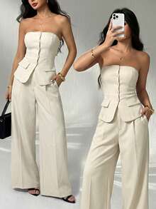 SHEIN PETITE 1 Set Solid Color Fitted Camisole Top And Elegant Pants Suit In Fall/Winter - Apricot - View 1