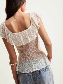 Easelle Summer Vacation Clothing Is Elegant And Romantic Bohemian Square Neck Layered Ruffle Sexy Sheer Blouse For Women - White - View 2