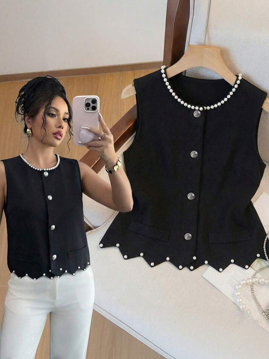 Elenzga Chaleco sin mangas con volantes y cuentas, ajuste ceñido, para mujer, para primavera/verano, top casual de uso diario, atuendo de oficina - Negro - Ver 1