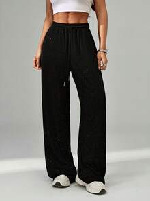 SHEIN Tall Starry Sky Elastic Waist Loose Straight Wide Leg Pants Fall Cloth For Women - Black - View 4