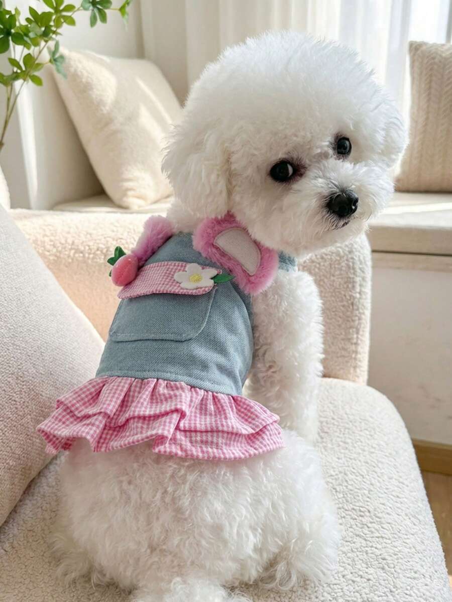 PETSIN 1件猫/狗通用服装，立体毛绒耳朵草莓吊带裙，春季时尚宠物服装 - 粉色 - 查看 1