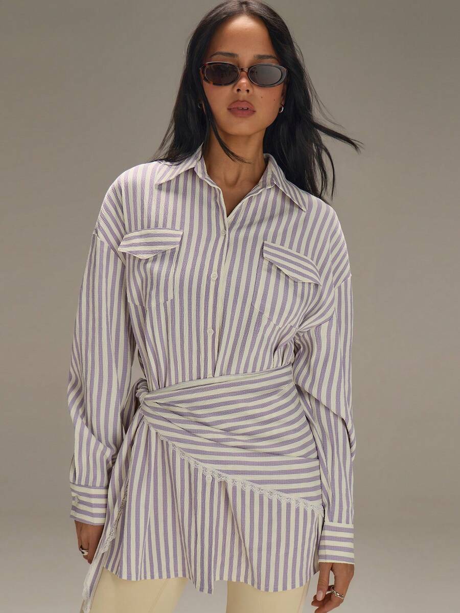 Athîral 女士休闲度假梭织条纹紫色衬衫，春夏款 - 紫色 - 查看 1
